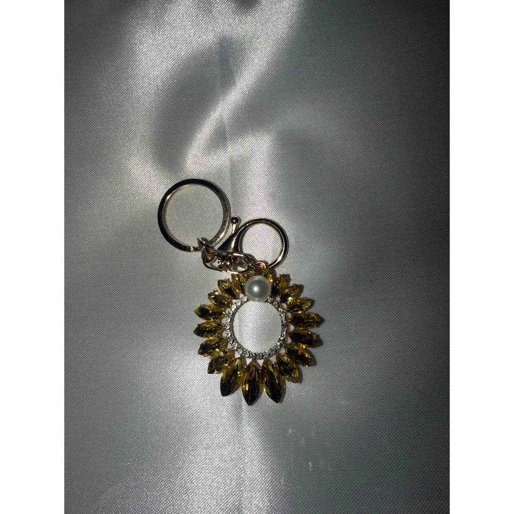 Sunflower Crystal Keychain Yellow Gold Tone Floral Bag Charm with Pearl Accent
